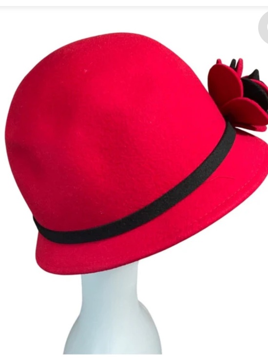 RETRO Red Wool Bucket Hat with Black Band and Flower Detail NWOT main image 8